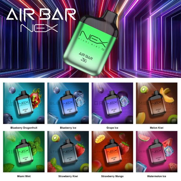 Air Bar NEX 6500 Puffs Disposable Vape 10-Pack Best Flavors Miami Mint Blueberry Dragonfruit Blueberry Ice Grape Ice Melon Kiwi Miami Mint Strawberry Kiwi Strawberry Mango Watermelon Ice