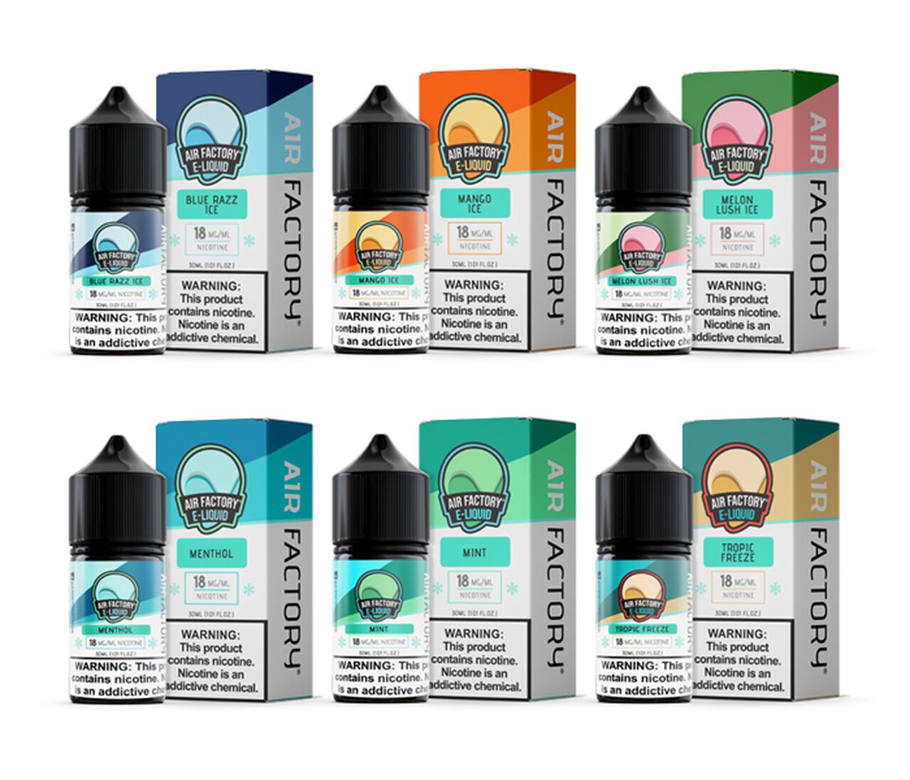 Air Factory 30mL 18mg and 36mg Vape Juice Best Flavors Blue Razz Ice Mango Ice Melon Lush Ice Menthol Mint Tropic Freeze