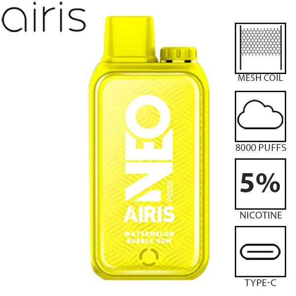 Airis Neo P8000 8000 Puffs Rechargeable Vape Disposable 20mL Best Flavor Watermelon Bubble Gum