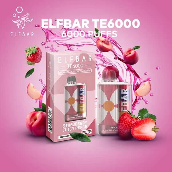 ElfBar TE6000 6000 Puffs Rechargeable Vape Disposable 12mL Best Flavor Strawberry Juicy Peach