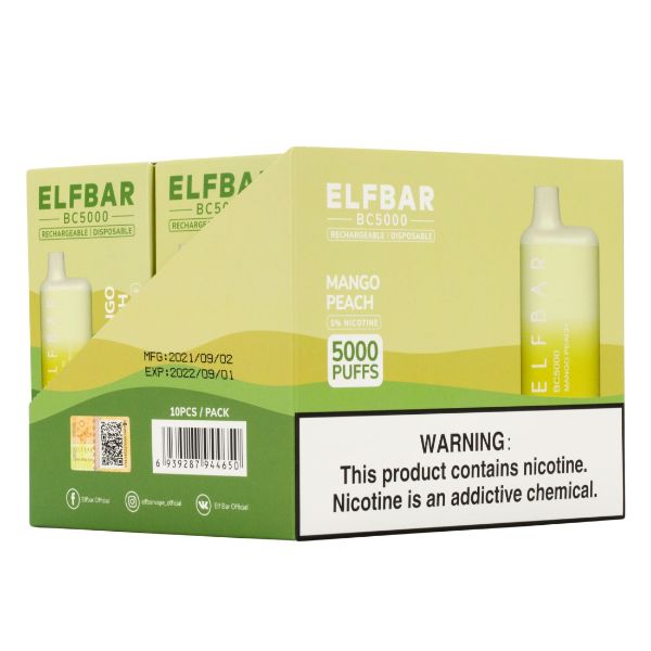 Elf Bar BC5000 5000 Puffs Rechargeable Vape Disposable 10mL 10 Pack  Best Flavor Mango Peach