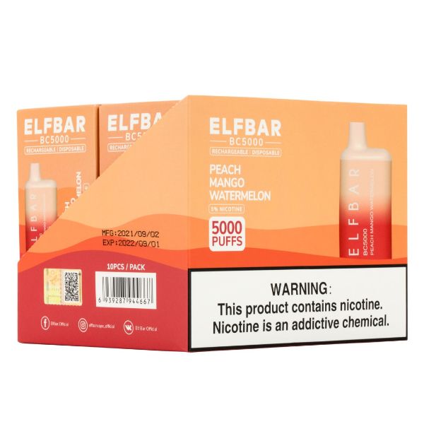 Elf Bar BC5000 5000 Puffs Rechargeable Vape Disposable 10mL 10 Pack  Best Flavor Peach Mango Watermelon