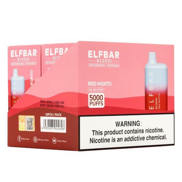 Elf Bar BC5000 5000 Puffs Rechargeable Vape Disposable 10mL 10 Pack  Best Flavor Red Mojito