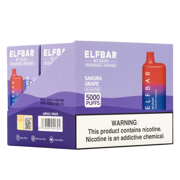 Elf Bar BC5000 5000 Puffs Rechargeable Vape Disposable 10mL 10 Pack  Best Flavor Sakura Grape