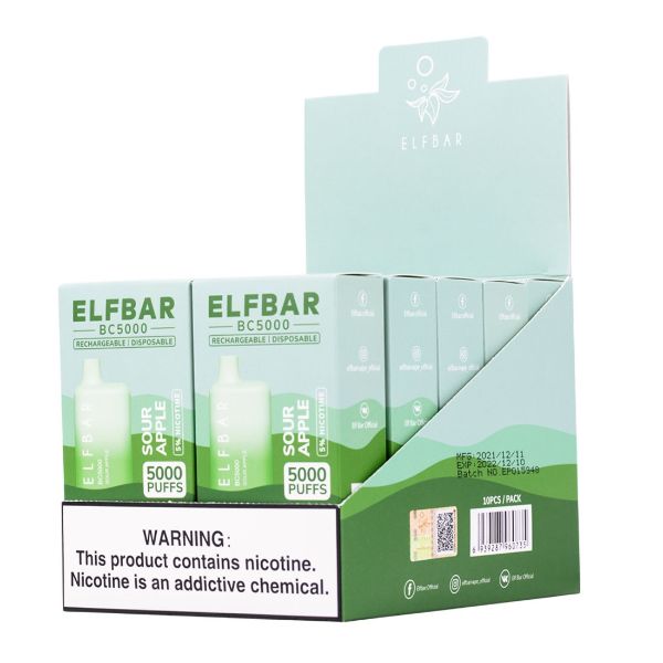 Elf Bar BC5000 5000 Puffs Rechargeable Vape Disposable 10mL 10 Pack  Best Flavor Sour Apple