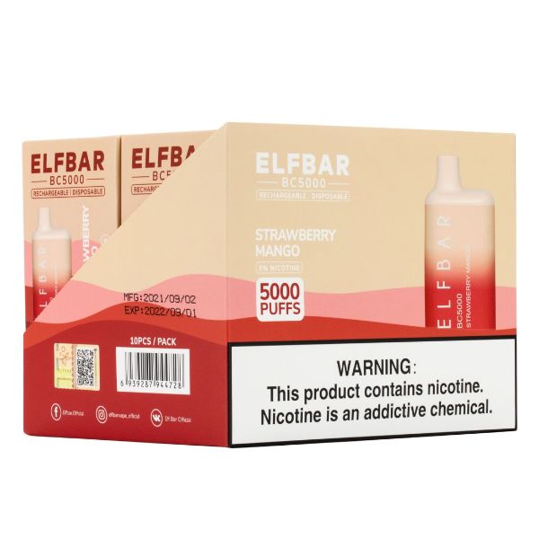 Elf Bar BC5000 5000 Puffs Rechargeable Vape Disposable 10mL 10 Pack Best Flavor Strawberry Mango