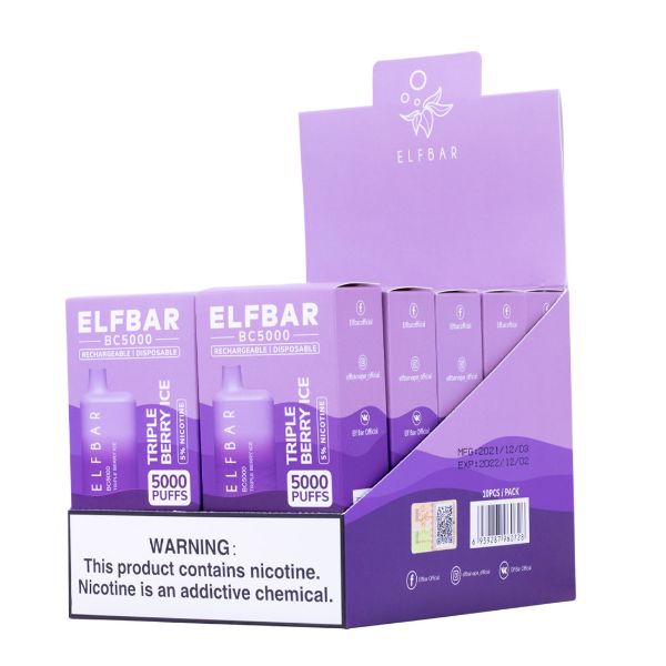 Elf Bar BC5000 5000 Puffs Rechargeable Vape Disposable 10mL 10 Pack  Best Flavor Triple Berry Ice