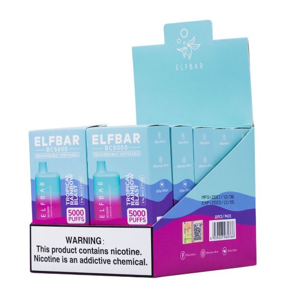 Elf Bar BC5000 5000 Puffs Rechargeable Vape Disposable 10mL 10 Pack  Best Flavor Tropical Rainbow Blast