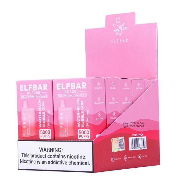 Elf Bar BC5000 5000 Puffs Rechargeable Vape Disposable 10mL 10 Pack  Best Flavor Watermelon Bubblegum