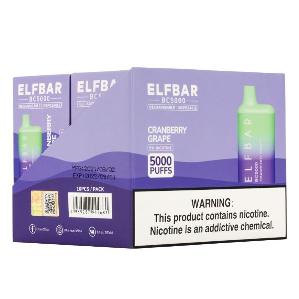 Elf Bar BC5000 5000 Puffs Rechargeable Vape Disposable 10mL 10 Pack  Best Flavor Cranberry Grape