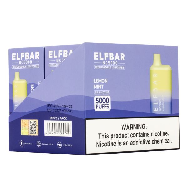 Elf Bar BC5000 5000 Puffs Rechargeable Vape Disposable 10mL 10 Pack  Best Flavor Lemon Mint