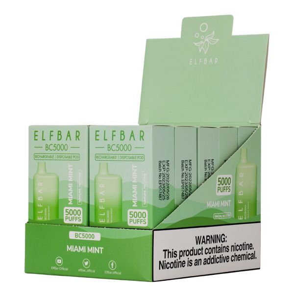 Elf Bar BC5000 5000 Puffs Rechargeable Vape Disposable 10mL 10 Pack  Best Flavor Miami Mint