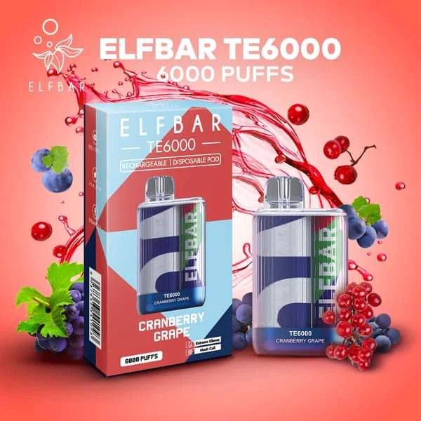 ElfBar TE6000 6000 Puffs Rechargeable Vape Disposable 12mL Best Flavor Cranberry Grapae