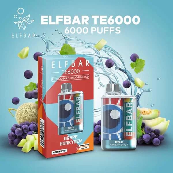 ElfBar TE6000 6000 Puffs Rechargeable Vape Disposable 12mL Best Flavor Grape Honeydew