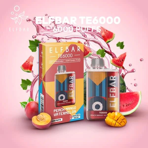 ElfBar TE6000 6000 Puffs Rechargeable Vape Disposable 12mL Best Flavor Peach Mango Watermelon