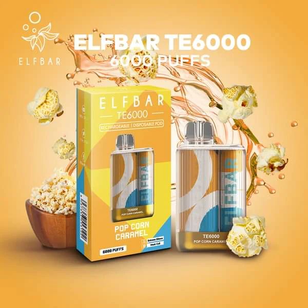 ElfBar TE6000 6000 Puffs Rechargeable Vape Disposable 12mL Best Flavor Pop Corn Caramel