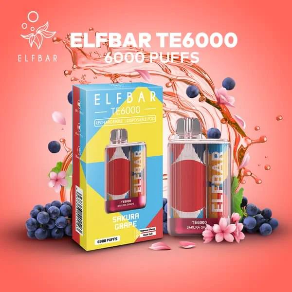 ElfBar TE6000 6000 Puffs Rechargeable Vape Disposable 12mL Best Flavor Sakura Grape