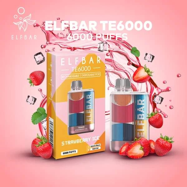 ElfBar TE6000 6000 Puffs Rechargeable Vape Disposable 12mL Best Flavor Strawberry Ice