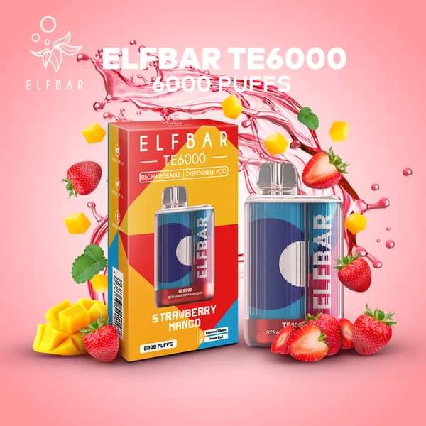 ElfBar TE6000 6000 Puffs Rechargeable Vape Disposable 12mL Best Flavor Strawberry Mango