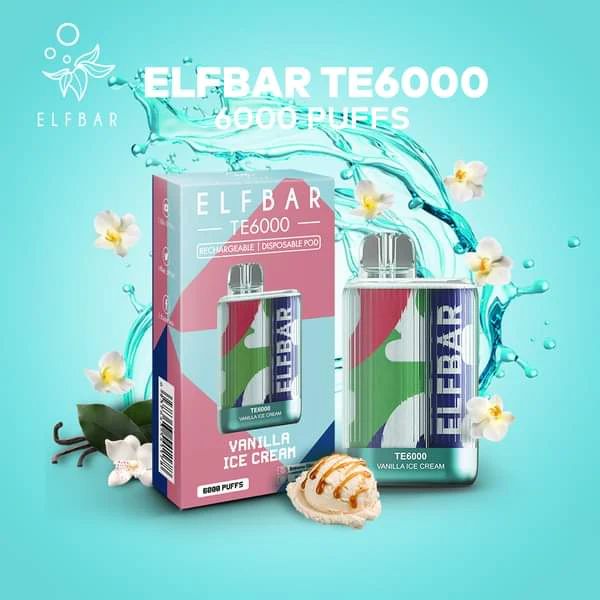 ElfBar TE6000 6000 Puffs Rechargeable Vape Disposable 12mL Best Flavor Vanilla Ice Cream