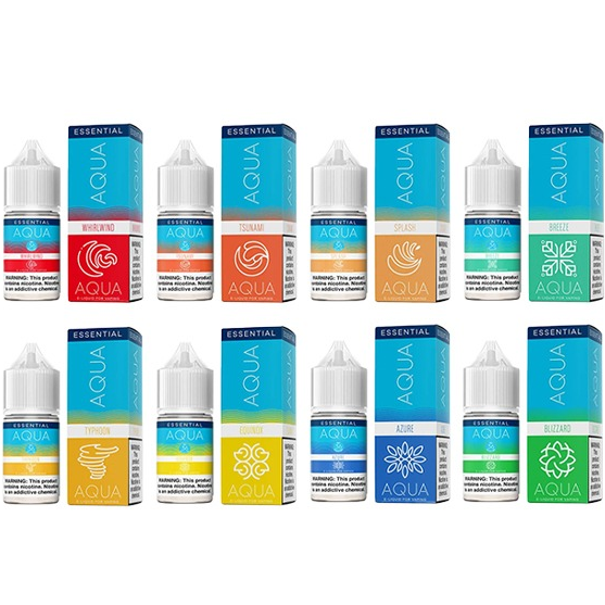 Aqua Essentials Synthetic Salt Nicotine 30mL Vape Juice Best Flavors Whirlwind Tsunami Splash Breeze Typhoon Equinox Azure Blizzard