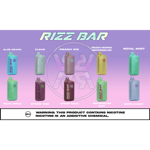 Rizz Bar 6000 Puffs Rechargeable Vape Disposable 15mL Best Flavors Aloe Grape Clear Peach Ice Peach Mango Watermelon Royal Mint Sour Apple Straw Kiwi Straw Nana Watermelon Mint White Gummy