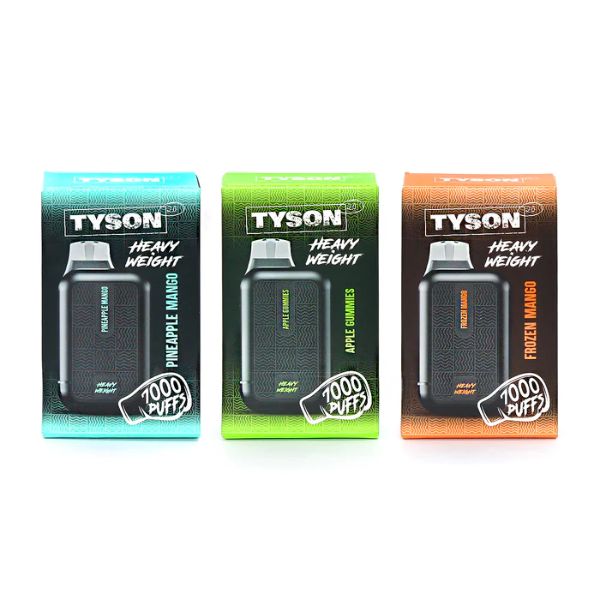 Tyson 2.0 Heavy Weight 7000 Puffs Rechargeable Vape Disposable 15mL 5 Pack Best Flavors Pineapple Mango Apple Gummies Frozen Mango